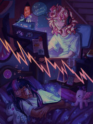 Rule 34 | 2girls, absurdres, bed, closed eyes, closed mouth, cup, depresed-duck, english text, glasses, headphones, highres, long hair, medium hair, monitor, multicolored hair, multiple girls, my little pony, my little pony: equestria girls, my little pony: friendship is magic, open mouth, purple hair, red hair, sci-twi, sleeping, sunset shimmer, toy, twilight sparkle
