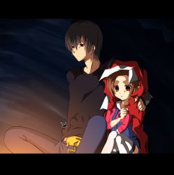 Rule 34 | 00s, 1990s (style), 1boy, 1girl, arrow (symbol), bad id, bad pixiv id, black hair, black shirt, borrowed clothes, brown eyes, brown hair, cave, couple, gen 1 pokemon, hand on shoulder, hetero, kogami, lyra (pokemon), nintendo, no headwear, pikachu, pixiv red, pokemon, pokemon (creature), pokemon hgss, pokemon rgby, red (pokemon), red eyes, retro artstyle, shirt, sitting, thighhighs, under shirt, unworn shirt, zettai ryouiki