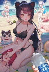 1boy 5girls :3 absurdres ahoge alternate_costume ange_katrina animal_ear_piercing animal_ears animal_hair_ornament armpit_crease arms_up banken_(inui_toko) bare_arms bare_legs bare_shoulders beach beach_towel bikini bikini_day black_bikini black_bow black_hair blindfold blue_eyes blue_hair blunt_bangs blush bottle bow bow_bikini breasts brown_hair brown_tail buried claw_pose cleavage cloud colored_inner_hair colored_tips commentary_request creature day dog_ears dog_girl dog_tail drooling earrings fang female_pervert flower food frilled_bikini frills fruit green_hair hair_flower hair_intakes hair_ornament half-closed_eyes hanabatake_chaika hand_on_another&#039;s_face hand_on_own_chest hand_up hands_up heterochromia highres holding holding_stick imminent_attack innertube inui_toko jewelry kitsutsuki_tsuki lize_helesta long_hair looking_at_another looking_at_viewer looking_up lying medium_breasts medium_hair mouth_drool multicolored_hair multiple_girls navel nijisanji ocean on_back open_mouth outdoors pervert pink_bikini pink_eyes pink_hair pocari_sweat pointing pointy_ears ponytail pov purple_eyes red_eyes red_hair sand sasaki_saku scared shiina_yuika shore sidelocks sitting stick streaked_hair suikawari sweatdrop swept_bangs swim_ring swimsuit tail towel two-tone_hair very_long_hair virtual_youtuber wariza watermelon wavy_mouth white_bikini white_hair yellow_eyes