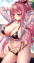 1girl absurdres bikini black_bikini black_choker blush breasts choker cleavage collared_shirt commentary day earrings english_commentary high_ponytail highres hololive hololive_english hoop_earrings jewelry kira_yukishiro large_breasts long_hair mori_calliope navel navel_piercing necklace outdoors parted_lips pendant_choker piercing pink_eyes pink_hair ponytail pool shirt sidelocks solo stomach swimsuit three-quarter_sleeves tied_shirt virtual_youtuber wet wet_clothes wet_shirt white_shirt
