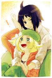 Rule 34 | !, 10s, 1boy, 1girl, bianca (pokemon), black eyes, black hair, blonde hair, cheren (pokemon), couple, green eyes, hat, hetero, hk (nt), hug, nintendo, open mouth, pokemon, pokemon bw2, ribbon, sitting