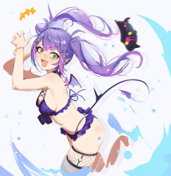 1girl absurdres alternate_costume bibi_(tokoyami_towa) bikini blush breasts colored_inner_hair demon_girl demon_tail demon_wings ear_piercing fishnets from_side green_eyes hair_ornament hairclip halterneck hat heart heart_tattoo highres hololive long_hair medium_breasts menomeno_draw multicolored_hair open_mouth piercing pink_hair pointy_ears purple_bikini purple_hair simple_background solo splashing streaked_hair string_bikini swimsuit tail tattoo tokoyami_towa twintails unworn_hat unworn_headwear virtual_youtuber water wide-eyed wings
