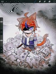 1boy ahoge animal_ears aotsuki_eito art_program_in_frame black_hair black_pants blue_eyes blue_hair blue_jacket cat_boy cat_ears cat_tail chibi chibi_only chinese_commentary commentary_request drawstring from_above grey_jacket highres holding holding_knife hood hood_down hoodie jacket jacket_over_hoodie kemonomimi_mode knife long_sleeves male_focus multicolored_hair multicolored_jacket open_clothes open_jacket pants procreate_(medium) procreate_(software) red_hair shoes short_hair solo streaked_hair stuffed_animal stuffed_rabbit stuffed_toy sumino_takumi sweat tail the_hundred_line_-last_defense_academy- two-tone_hair two-tone_jacket white_hoodie white_shoes zongzhijun48889