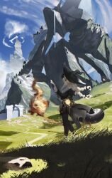 Rule 34 | 1girl, arknights, bag, black hat, black jacket, black pantyhose, black ribbon, blonde hair, blue sky, braid, cliff, contrapposto, dirt road, facing away, fire, flame-tipped tail, from side, gate, hair ribbon, hashtag-only commentary, hat, holding, holding paper, jacket, lantern, large hat, mountain, pantyhose, paper, reed (arknights), reed the flame shadow (arknights), reed the flame shadow (curator) (arknights), ribbon, road, satchel, scenery, shikyou yoru, sky, solo, standing, tail, twin braids, witch hat