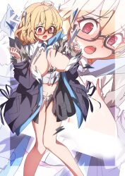 1girl absurdres ahoge black-framed_eyewear black_jacket blonde_hair blue_archive blush breasts glasses halo highres jacket kotori_(blue_archive) large_breasts navel open_clothes open_jacket open_mouth panties red_eyes semi-rimless_eyewear shirt solo sweatdrop teardrop-framed_glasses to_(tototo_tk) torn_clothes torn_shirt triangle_halo under-rim_eyewear underwear white_panties white_shirt zoom_layer
