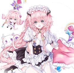 Rule 34 | 2girls, angel wings, apron, ayu9914570, black dress, blue eyes, breasts, cat, chinese commentary, cleavage, commentary request, crystal, drawn ears, drawn whiskers, dress, elf, elf elysia, elysia (honkai impact), elysia (miss pink) (honkai impact), elysia (miss pink elf) (honkai impact), face filter, fake horns, garter straps, gloves, halo, highres, honkai (series), honkai impact 3rd, horns, looking at viewer, maid, maid apron, maid headdress, medium breasts, multiple girls, open mouth, pillow, pink hair, pointy ears, simple background, staff, star (symbol), thighhighs, thighs, white apron, white background, white cat, white dress, white garter straps, white gloves, white thighhighs, wings