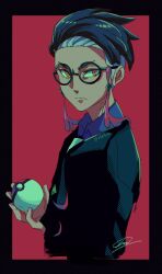 1boy black-framed_eyewear black_border black_jacket border closed_mouth collared_shirt commentary_request corbeau_(pokemon) cropped_torso frown g_(xkhkxx) glasses highres holding holding_poke_ball jacket looking_to_the_side male_focus necktie nintendo open_clothes open_jacket orange_eyes poke_ball poke_ball_(basic) pokemon pokemon_legends:_z-a purple_shirt round_eyewear shirt short_hair sideburns sideways_glance signature solo tassel white_necktie wing_collar