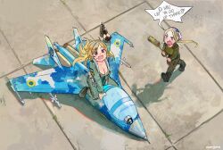 2girls aircraft airplane angry arm_up blue_eyes breasts broom chibi cleavage commentary commission deformed english_commentary english_text fighter_jet freckles from_above furrowed_brow gun handgun holding holding_broom holding_gun holding_weapon large_breasts makarov_pm medium_breasts military military_vehicle multiple_girls olena_bozhuk open_mouth original red_eyes riding smile tongue tryzub ukraine usergore weapon