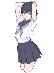 1girl arms_up black_hair blue_sailor_collar bow breasts closed_mouth grey_eyes hair_between_eyes highres kashiwa_(iersansi) looking_at_viewer original pleated_skirt sailor_collar shirt short_hair short_sleeves simple_background skirt solo white_background white_shirt
