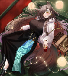 1girl absurdres animal_ear_fluff animal_ears arknights black_nails black_skirt black_sweater blush book braid brown_hair cup earrings extra_ears highres holding holding_cup jacket jewelry long_hair long_sleeves looking_at_viewer lying official_alternate_costume open_clothes open_jacket parted_lips penance_(arknights) penance_(occasionally_flushed)_(arknights) skirt solo sweater vailtred white_jacket wolf_ears yellow_eyes