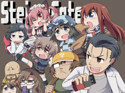 4boys 6+girls akiha_rumiho amane_suzuha asymmetrical_hair bad_id bad_pixiv_id bald bike_shorts black_hair blue_eyes braid brown_eyes brown_hair cellphone drill_hair facial_hair fang faris_nyannyan glasses goatee green_hair hair_ornament hairclip hashida_itaru hat kiryuu_moeka kneehighs long_hair makise_kurisu multiple_boys multiple_girls okabe_rintarou pantyhose paw_pose phone pink_hair serebi_ryousangata shiina_mayuri short_hair side_ponytail socks steins;gate tennouji_nae tennouji_yuugo trap twin_braids twin_drills twintails urushibara_ruka
