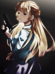1girl amalia_lobelia blonde_hair blue_shirt degtyaryov2952 empty_eyes gun h&amp;k_usp handgun holding holding_gun holding_weapon long_hair naraku naraku_2 purple_eyes shirt solo sweater turtleneck turtleneck_sweater weapon