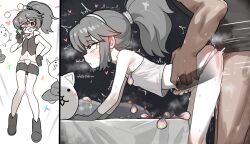1boy 1girl ^^^ absurdres antennae armpits bed bent_over blank_censor blush boots breath cat_(nyanko_daisensou) censored commentary condom condom_wrapper crop_top dark-skinned_male dark_skin ebora english_commentary english_text flat_chest gloves grey_boots grey_gloves grey_hair grey_skirt hairband heart heavy_breathing highres loli miniskirt momoco_(nyanko_daisensou) multiple_views navel nyanko_daisensou out_of_frame pale_skin panties penis pillow ponytail puckered_lips rolling_eyes sex shirt short_hair sidelocks skirt standing standing_sex stomach_bulge sunglasses sweat tank_top torso_grab trembling underwear used_condom white_panties white_shirt x-ray