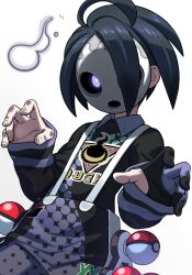1boy allister_(pokemon) bite_addict black_hair black_shirt black_shorts bright_pupils claw_pose collared_shirt commentary_request gloves glowing glowing_eyes hands_up highres holster long_sleeves looking_at_viewer male_focus mask nintendo partially_fingerless_gloves poke_ball poke_ball_(basic) pokemon pokemon_swsh purple_eyes shirt short_hair shorts single_glove solo suspenders white_background white_pupils