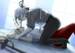 Rule 34 | 2girls, absurdres, annasassiart, arlecchino (genshin impact), belt, black belt, black hair, blonde hair, braid, breasts, burn scar, fencing, genshin impact, grey shirt, highres, holding, holding another&#039;s arm, holding sword, holding weapon, large breasts, long hair, multicolored hair, multiple girls, pants, red lips, red pants, scar, scar on face, shirt, signora (genshin impact), streaked hair, sword, weapon, weapon on floor, white hair, white shirt, yuri