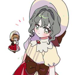 2girls aged_down alternate_universe artist_name blush brown_hair cardcaptor_sakura chibi green_eyes grey_hair hair_intakes hat highres kinomoto_nadeshiko kinomoto_sakura kinomoto_sakura_(memories) mother_and_daughter multiple_girls notice_lines puffy_short_sleeves puffy_sleeves short_sleeves simple_background smile white_background yalmyu