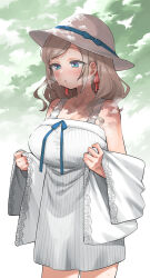 1girl bare_shoulders blue_eyes blue_ribbon breasts ceras_yanagida_lilienfeld ceras_yanagida_lilienfeld_(summer_casual) cleavage collarbone commentary cowboy_shot dress dress_ribbon grey_hair hair_ribbon hashihirok80881 hat hat_ribbon highres hot jacket jacket_partially_removed large_breasts link!_like!_love_live! long_hair love_live! official_alternate_costume outdoors parted_lips pink_ribbon ribbon short_dress sleeveless sleeveless_dress solo standing sun_hat sweat swept_bangs virtual_youtuber wavy_hair white_dress white_hat white_jacket