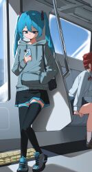 2girls absurdres alternate_costume aqua_hair bag black_bag black_skirt black_thighhighs blue_eyes bow bowtie closed_mouth dot_mouth drawstring drill_hair expressionless full_body grey_hoodie grey_shoes hand_in_pocket hatsune_miku highres holding holding_phone hood hood_down hoodie kasane_teto long_sleeves looking_at_phone miniskirt multiple_girls nun178089 phone red_bow red_bowtie red_hair shirt shoes shoulder_bag sidelocks sitting skirt sneakers socks solo_focus standing thighhighs train_interior utau vocaloid white_shirt white_socks zettai_ryouiki
