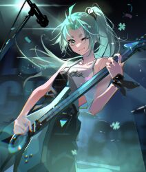 Rule 34 | 1girl, ;), aqua eyes, aqua hair, black overalls, camisole, casual, clover, commentary, guitar, hair ribbon, highres, holding, holding instrument, instrument, long hair, lucky cyan (to be hero x), microphone stand, music, one eye closed, overalls, playing instrument, ponytail, ribbon, sd2190392804, smile, solo, sparkle, standing, to be hero, to be hero x, white camisole, wind, wrist ribbon