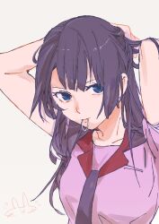 Rule 34 | 1girl, bakemonogatari, blue eyes, closed mouth, hair tie in mouth, highres, long hair, looking at viewer, monogatari (series), mouth hold, naoetsu high school uniform, necktie, purple hair, purple necktie, school uniform, senjougahara hitagi, shirt, solo, usa003uni