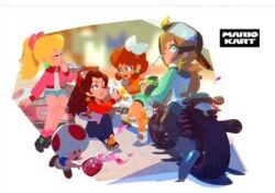 4girls blonde_hair blue_eyes brown_hair coat earrings flower_earrings grin hair_over_one_eye hat jacket jewelry lipstick looking_at_another makeup mario_(series) mario_kart mario_kart_world motor_vehicle motorcycle multiple_girls nintendo official_art one_eye_closed pauline ponytail princess_daisy princess_peach rippon rosalina shorts sitting smile toad_(mario) twintails wink