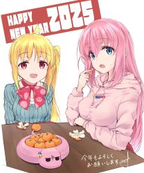 Rule 34 | 2025, 2girls, blonde hair, blue eyes, blue sweater, bocchi the rock!, bow, bowtie, food, fruit, gotoh hitori, happy new year, highres, hood, hooded sweater, ijichi nijika, long hair, mandarin orange, minosu, multiple girls, new year, pink hair, pink sweater, polka dot bowtie, red bow, red bowtie, red eyes, side ponytail, smile, sweater, table, upper body, white background