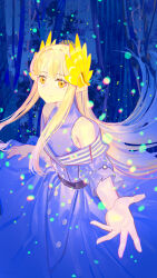1girl absurdres arknights blonde_hair blue_dress closed_mouth clothing_cutout commentary dress highres laurel_crown long_hair looking_at_viewer lyuqiu mole mole_under_eye muelsyse_(arknights) orange_eyes outstretched_hand pointy_ears shoulder_cutout sidelocks solo very_long_hair
