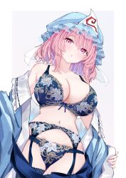 1girl :o blue_bra blue_garter_belt blue_hat blue_kimono blue_panties blue_ribbon blue_thighhighs blush border bra breasts cleavage commentary cowboy_shot embroidered_bra embroidered_garter_belt embroidered_panties grey_background hat highres huge_breasts japanese_clothes kimono kimono_pull lace lace-trimmed_headwear lace-trimmed_panties lace-trimmed_thighhighs lace_trim large_breasts lingerie looking_at_viewer mob_cap navel open_clothes open_kimono outside_border panties pink_eyes pink_hair ribbon ribbon-trimmed_bra ribbon_trim saigyouji_yuyuko sarasadou_dan short_hair simple_background solo stomach thighhighs thighs touhou triangular_headpiece underwear white_border