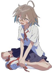 1girl ahoge bandaid bandaid_on_cheek bandaid_on_face bandaid_on_knee bandaid_on_leg bandaid_on_nose black_skirt blue_hair blush brown_hair butterfly_sitting collared_shirt colored_inner_hair do_it_yourself!! fang full_body highres looking_at_viewer loose_neck_ribbon medium_hair messy_hair multicolored_hair neck_ribbon open_mouth pleated_skirt red_eyes red_ribbon ribbon school_uniform shirt shoes short_sleeves simple_background sitting skin_fang skirt smile sneakers solo umiseazzz white_background white_shirt white_shoes yua_serufu