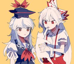 2girls animal blue_dress blue_hat bow cat closed_mouth collared_shirt dress fujiwara_no_mokou hair_bow hat holding holding_animal holding_cat itomugi-kun kamishirasawa_keine long_hair long_sleeves multiple_girls orange_background pants red_bow red_eyes red_pants red_trim shirt simple_background sleeve_belt suspenders touhou two-tone_bow white_bow white_hair white_shirt