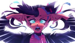 1girl :o black_collar black_hair black_jacket black_nails collar collarbone commentary eyelashes floating_hair green_eyes hair_ribbon jacket marnie_(marnielovesyou) marnie_(pokemon) nail_polish nintendo open_clothes open_jacket open_mouth pink_ribbon pokemon pokemon_swsh ribbon solo teeth tongue upper_body