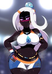 1girl andro_juniarto blurry blurry_background breasts cosplay costume_switch curvy dark-skinned_female dark_skin dripping duck_dodgers earrings gym_uniform hands_on_own_hips highres hoop_earrings jewelry large_breasts looking_at_viewer looney_tunes necklace nessa_(pokemon) nessa_(pokemon)_(cosplay) nintendo no_mouth plump pokemon pokemon_swsh queen_tyr&#039;ahnee short_shorts shorts signature sports_bra stained_clothes steam steaming_body sweat sweaty_clothes white_hair wide_hips