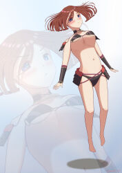 Rule 34 | absurdres, armor, bikini, bikini armor, black bikini, blue eyes, blush, breasts, brown hair, cleavage, cosplay, go-toubun no hanayome, highres, japanese armor, jasminet, large breasts, midair, murakumo (senran kagura), nakano miku, puffy cheeks, senran kagura, stomach, swimsuit, zoom layer