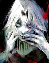 Rule 34 | 1boy, black cloak, black lips, cloak, close-up, finger in own mouth, hand in mouth, heterochromia, highres, hood, hooded cloak, hooded robe, lips, looking at viewer, male focus, red eyes, robe, shaded face, shadow, short hair, solo, takizawa seidou, teeth, tokyo ghoul, tokyo ghoul:re, white hair, xa8uofivf2mcart