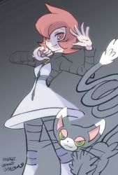 1girl ariga_hitoshi closed_mouth dress gen_4_pokemon glameow hair_between_eyes holding holding_poke_ball looking_at_viewer mars_(pokemon) nintendo poke_ball poke_ball_(basic) pokemon pokemon_(creature) pokemon_dppt red_eyes red_hair short_hair signature smile