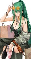 1girl absurdres arknights bag bare_shoulders black_camisole black_pants black_sandals bracelet breasts camisole cleavage detached_sleeves drink eyewear_on_head facial_scar green_hair highres holding holding_drink horns hoshiguma_(arknights) hrk_(dxez4457) jewelry knee_cutout looking_at_viewer necklace official_alternate_costume oni pants ponytail red_nails round_eyewear sandals scar scar_on_cheek scar_on_face shopping_bag single_detached_sleeve single_horn sitting skin-covered_horns solo tinted_eyewear yellow-tinted_eyewear yellow_eyes