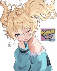 Rule 34 | 1girl, bare shoulders, blonde hair, blue eyes, blush, bubbles (ppg), buttercup redraw challenge (meme), cartoon network, haze (ohw8g), highres, meme, messy hair, pajamas, powerpuff girls, saliva, solo, twintails