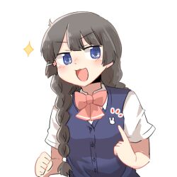 1girl :d black_hair blue_eyes blush_stickers bow braid cardigan_vest collared_shirt hair_ornament hair_over_shoulder hairclip long_hair low_twintails lowres nijisanji notice_lines open_mouth pink_bow pointing rebecca_(keinelove) school_uniform shirt short_sleeves simple_background smile solo sparkle tsukino_mito tsukino_mito_(summer_uniform) twin_braids twintails upper_body v-shaped_eyebrows virtual_youtuber white_background white_shirt