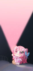 1girl :3 ahoge animal_ears bandaid bandaid_hair_ornament bed blue_bow blush bow cat cat_choker cat_ears cat_girl chibi chibi_only closed_mouth crossed_bandaids extra_ears fish_hair_ornament flashlight flashlight_beam ghost_hair_ornament hair_bow hair_ornament hairclip heart heart_hair_ornament holding holding_flashlight indie_virtual_youtuber long_hair long_sleeves looking_up night nikoo pajamas pink_eyes pink_hair pink_light pink_pajamas pink_shirt pink_shoes shirt shoes smile thighs virtual_youtuber wing_hair_ornament yellow_cat yuuki_sakuna