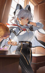 Rule 34 | 1girl, absurdres, armband, black armband, black choker, black horns, black pants, breasts, chest harness, choker, collared shirt, commentary, cowboy shot, curled horns, earrings, grey hair, hand up, harness, highres, holding, holding pocket watch, horns, jewelry, key earrings, large breasts, long hair, looking at viewer, mole, mole under eye, multicolored hair, necktie, pants, parted lips, pocket watch, red eyes, red necktie, shirt, shirt tucked in, solo, streaked hair, tight clothes, tight pants, watch, white shirt, wuthering waves, yuhezi, zani (wuthering waves)