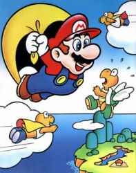 1990s_(style) blue_eyes brown_hair cape cape_mario cloud flying hat koopa_paratroopa koopa_troopa land lowres male_focus mario mario_(series) mountain nintendo ocean official_art overalls retro_artstyle super_koopa super_mario_bros._1 super_mario_world surprised water