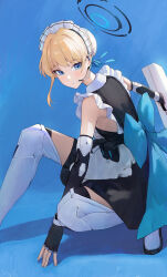1girl absurdres back_ribbon black_gloves blonde_hair blue_archive blue_background blue_eyes blue_halo blue_ribbon closed_mouth elbow_gloves gloves halo highres holding holding_suitcase jianjia maid ribbon solo suitcase toki_(blue_archive)