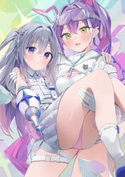 2girls amane_kanata amane_kanata_(heavenly_guard_mission) angel angel_wings bare_shoulders blush breasts carrying demon_girl demon_wings dress gloves goggles goggles_on_head green_eyes grey_hair gun high_ponytail highres holding holding_gun holding_weapon hololive long_hair multiple_girls nel_dcm official_alternate_costume official_alternate_hairstyle panties pink_panties ponytail princess_carry purple_eyes purple_hair shrug_(clothing) small_breasts tokoyami_towa tokoyami_towa_(cyberpunk) two_side_up underwear very_long_hair virtual_youtuber weapon white_dress white_gloves white_shrug wings