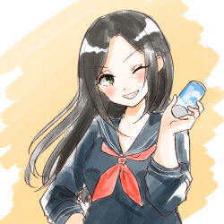 Rule 34 | 1girl, black hair, black sailor collar, black shirt, blush, brown background, forehead, green eyes, grin, hand up, head tilt, highres, holding, idolmaster, idolmaster cinderella girls, idolmaster cinderella girls starlight stage, long hair, long sleeves, looking at viewer, mukai takumi, neckerchief, one eye closed, parted bangs, puffy long sleeves, puffy sleeves, red neckerchief, rino cnc, sailor collar, school uniform, serafuku, shirt, smile, solo, two-tone background, upper body, very long hair, white background