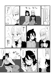 2girls apartment blush couch greyscale katou_asuka kuroki_tomoko monochrome multiple_girls on_couch sisyamo0000 skirt suspender_skirt suspenders watashi_ga_motenai_no_wa_dou_kangaetemo_omaera_ga_warui! yuri