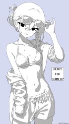 1girl adjusting_eyewear arm_up artist_name asymmetrical_hair bikini bikini_top_only breasts collarbone commentary cowboy_shot english_commentary english_text eyewear_on_head hair_bun head_tilt jacket long_sleeves looking_at_viewer male_swimwear monochrome navel open_clothes open_jacket original simple_background single_sidelock sleeve_rolled_up small_breasts smile solo soulfull_sequoia standing stomach sunglasses sweat swim_trunks swimsuit twitter_username