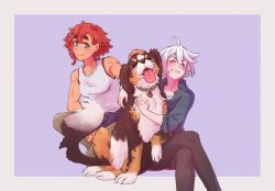 Rule 34 | 2girls, 7shi ro, ahoge, blue background, border, closed eyes, collar, crossed legs, dog, green eyes, gundam, gundam suisei no majo, highres, jewelry, long hair, miorine rembran, multiple girls, pants, pantyhose, petting, red hair, ring, shirt, short hair, simple background, sitting, sleeveless, sleeveless shirt, smile, squatting, suletta mercury, thick eyebrows, toned, toned female, tongue, tongue out, wedding ring, white border, white hair, wife and wife