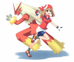 1girl blaziken brown_hair gen_3_pokemon may_(pokemon) nintendo poke_ball pokemon pokemon_(creature)