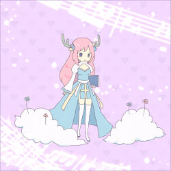 1girl :o antlers arch_bishop_(ragnarok_online) blue_dress blue_eyes blush book breasts cleavage_cutout clothing_cutout cloud commentary_request cross dress full_body green_horns heart heart_background holding holding_book horns juliet_sleeves long_hair long_sleeves looking_at_viewer lowres medium_breasts mimi_(caramel-candy) musical_staff open_mouth pink_hair puffy_sleeves purple_background ragnarok_online sash solo thighhighs two-tone_dress white_dress white_sash white_thighhighs