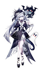 1girl absurdres black_dress black_hat black_shoes crossed_legs dress grey_eyes grey_hair hand_up hat highres long_hair long_sleeves looking_at_viewer original sheya shoes short_dress simple_background solo very_long_hair watson_cross white_background